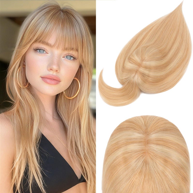 Rich Choices 100 Real Human Hair Topper with Bangs  Real Remy Hair Topper for Women Thinning on Top 51x27 Inch Clip In Silk Base Hair Piece 14 Inch 18P613 Ash Blonde Hightlight Bleach Blonde